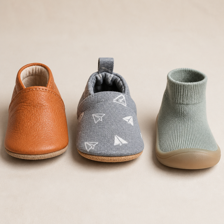 Vergleich von Leder-, Textil- und sockenu00e4hnlichen Babyschuhen