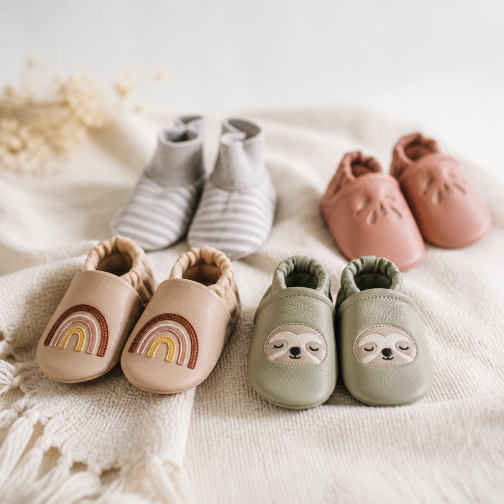 Weiche Krabbelschuhe aus Leder und Textil für kleine Füße