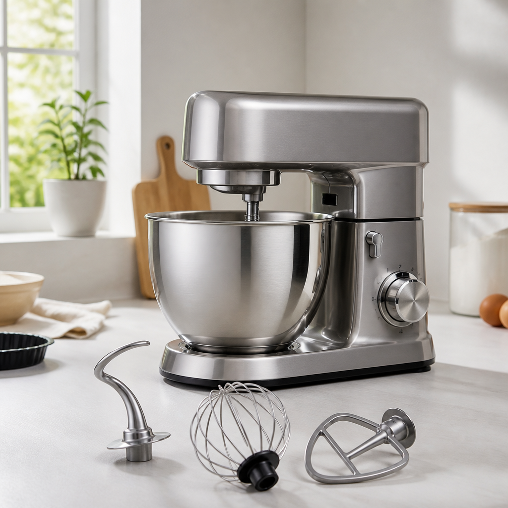 Moderne Küchenmaschine mit Rührschüssel und mehreren Aufsätzen in einer hellen Küche