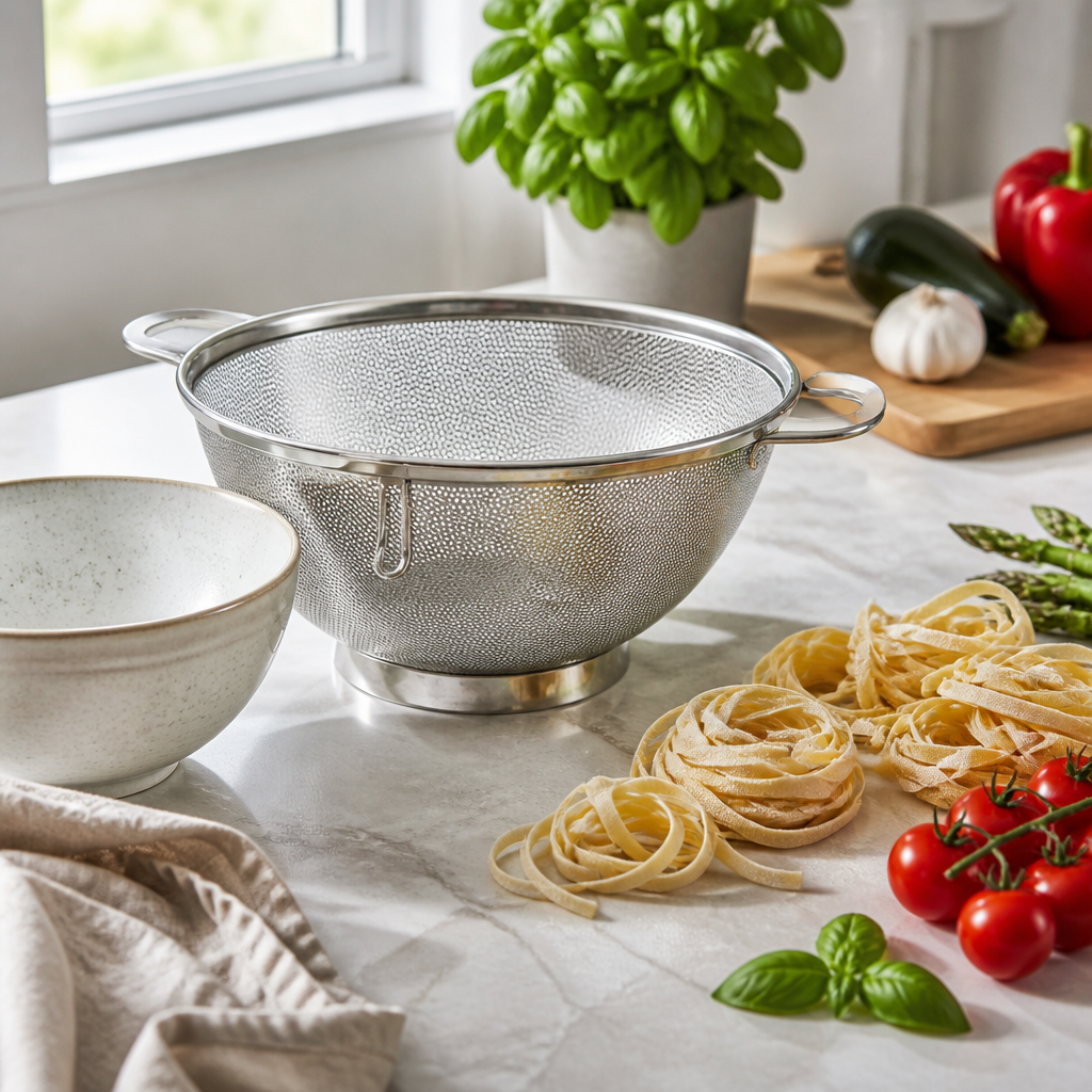 Küchensieb aus Edelstahl beim Abgießen von Pasta und Gemüse