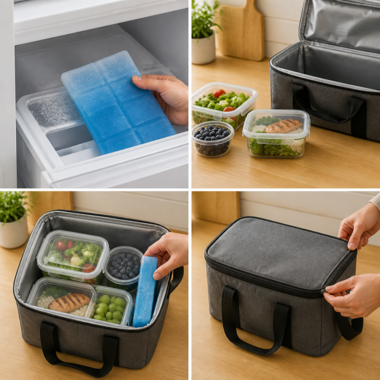 Richtig platzierter Ku00fchlakku zwischen vorgeku00fchlten Lebensmitteln in einer Ku00fchltasche