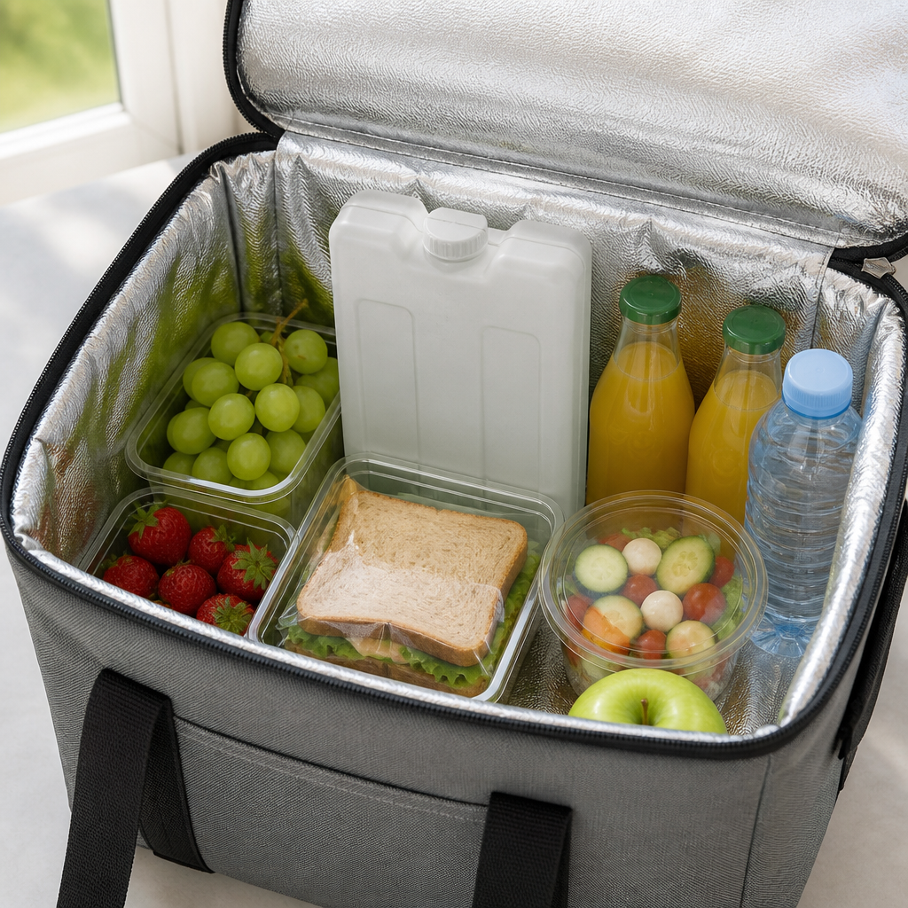 Wiederverwendbarer Kühlakku in einer isolierten Kühltasche neben verpackten Lebensmitteln