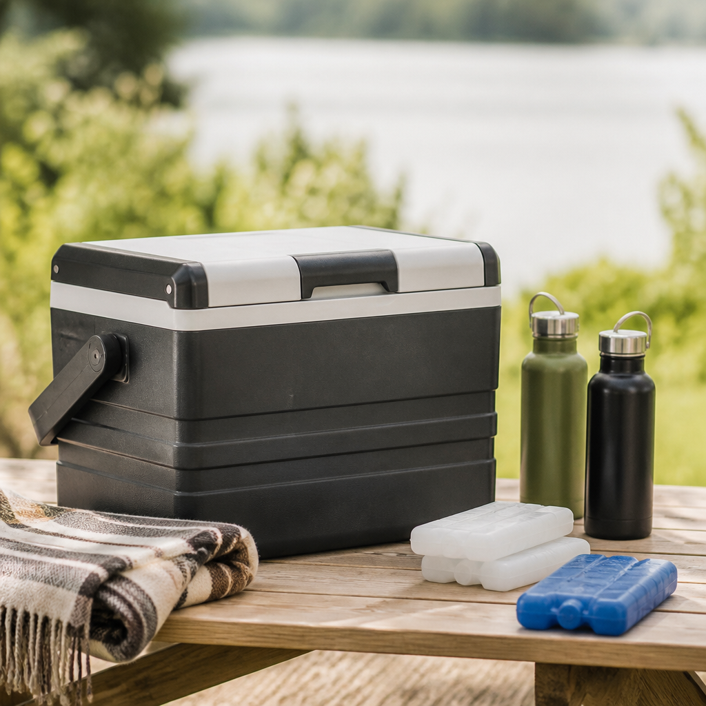 Mobile Kühlbox mit Kühlakkus und Getränken bei einem Picknick