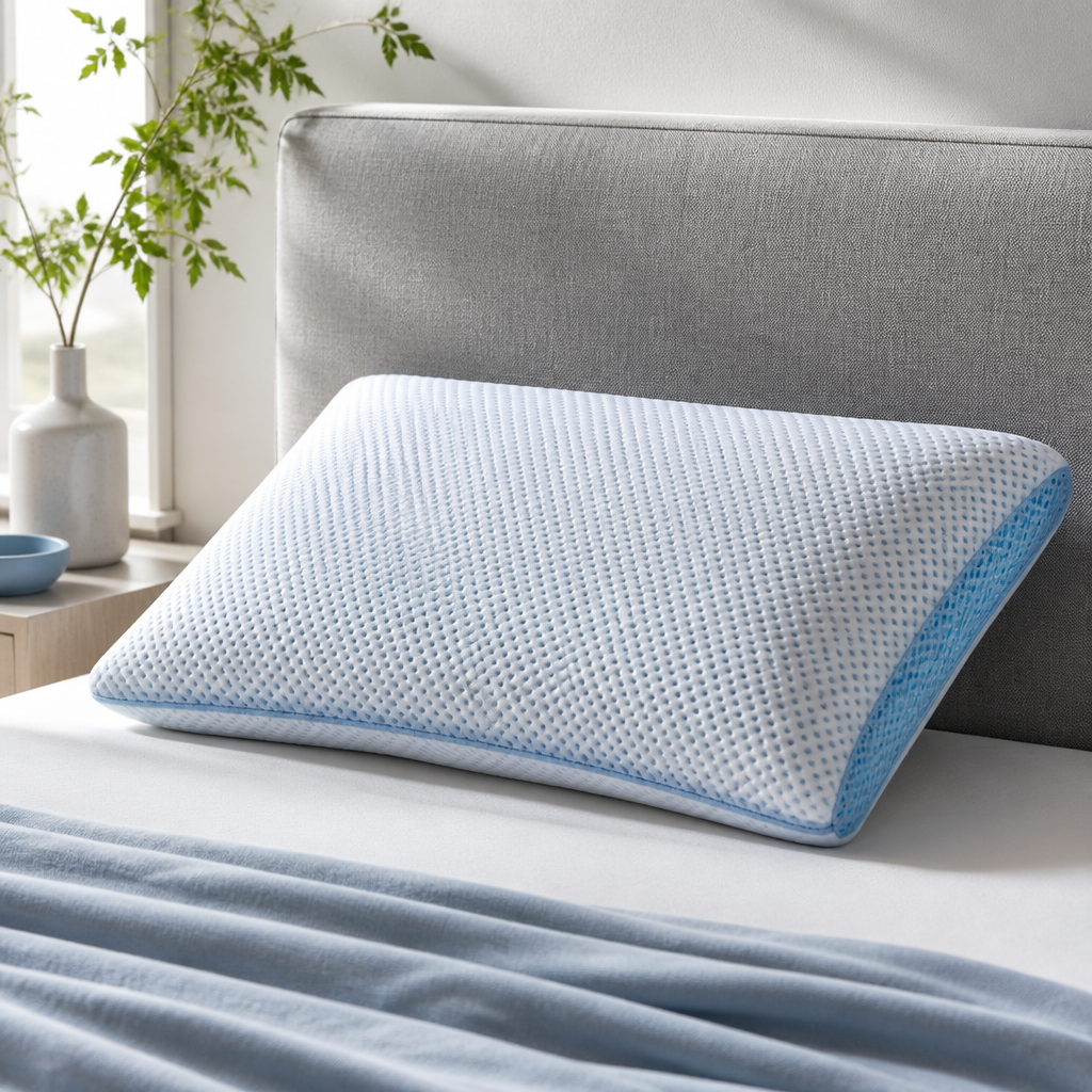 Kühlendes Kopfkissen auf einem hellen Bett im Schlafzimmer