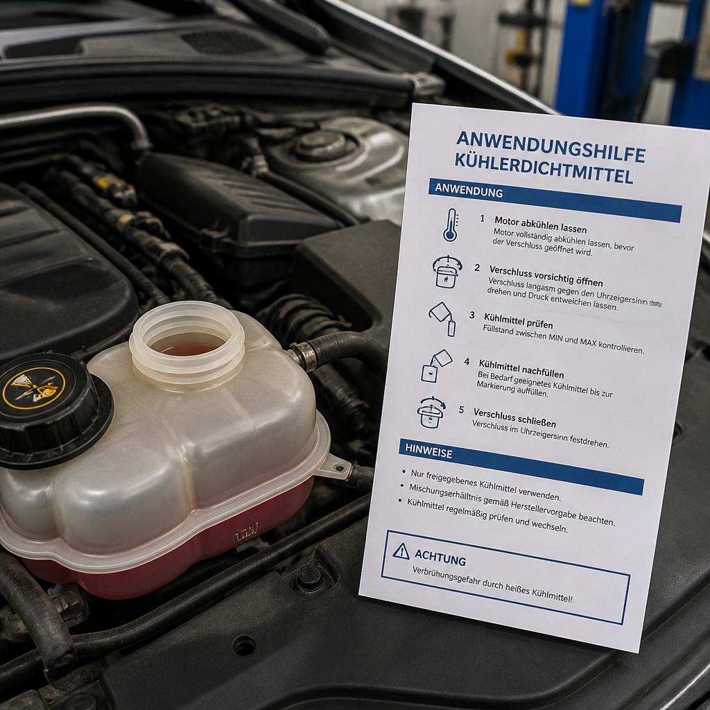 Kühlerdichtmittel neben einem Fahrzeug-Kühlsystem in einer Werkstatt