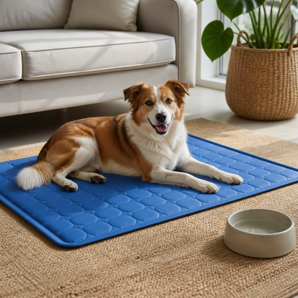 Hund liegt entspannt auf einer kühlenden Matte in einem schattigen Wohnbereich