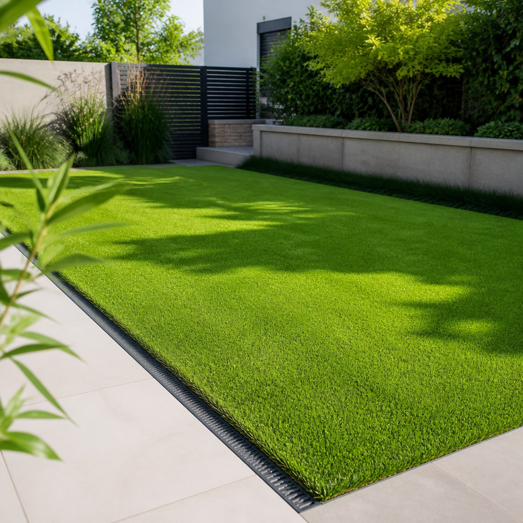 Gepflegte Kunstrasenfläche auf einer modernen Terrasse mit sauberem Randabschluss