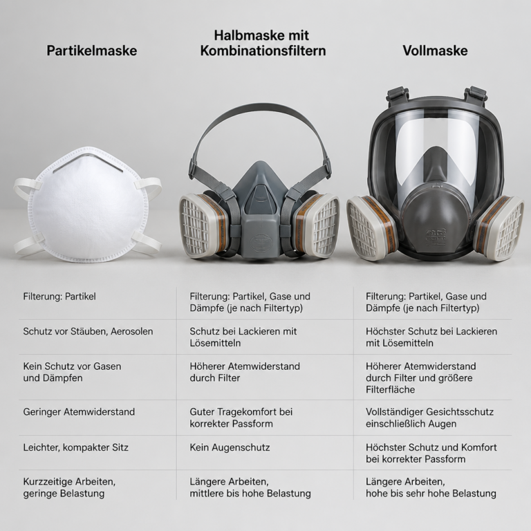 Vergleich von Partikelmaske, Halbmaske und Vollmaske fu00fcr Lackierarbeiten