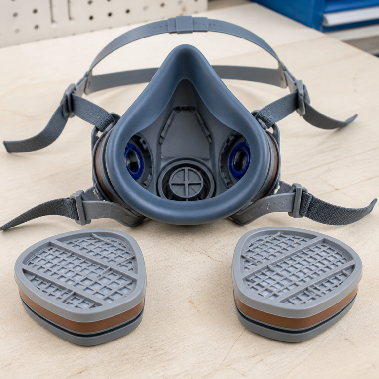 Detailansicht von Filterelementen, Dichtlippe und Ausatemventil einer Halbmaske