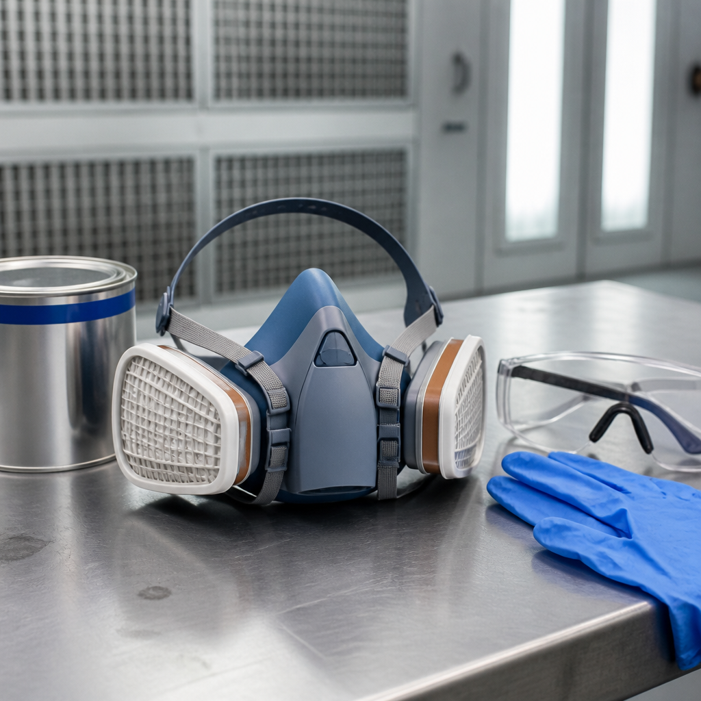 Lackiermaske mit Filter auf einer Werkbank neben Schutzbrille und Handschuhen