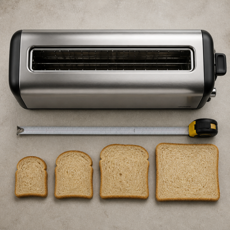 Langschlitztoaster mit Mau00dfband und unterschiedlich grou00dfen Brotscheiben zur Pru00fcfung der passenden Abmessungen.