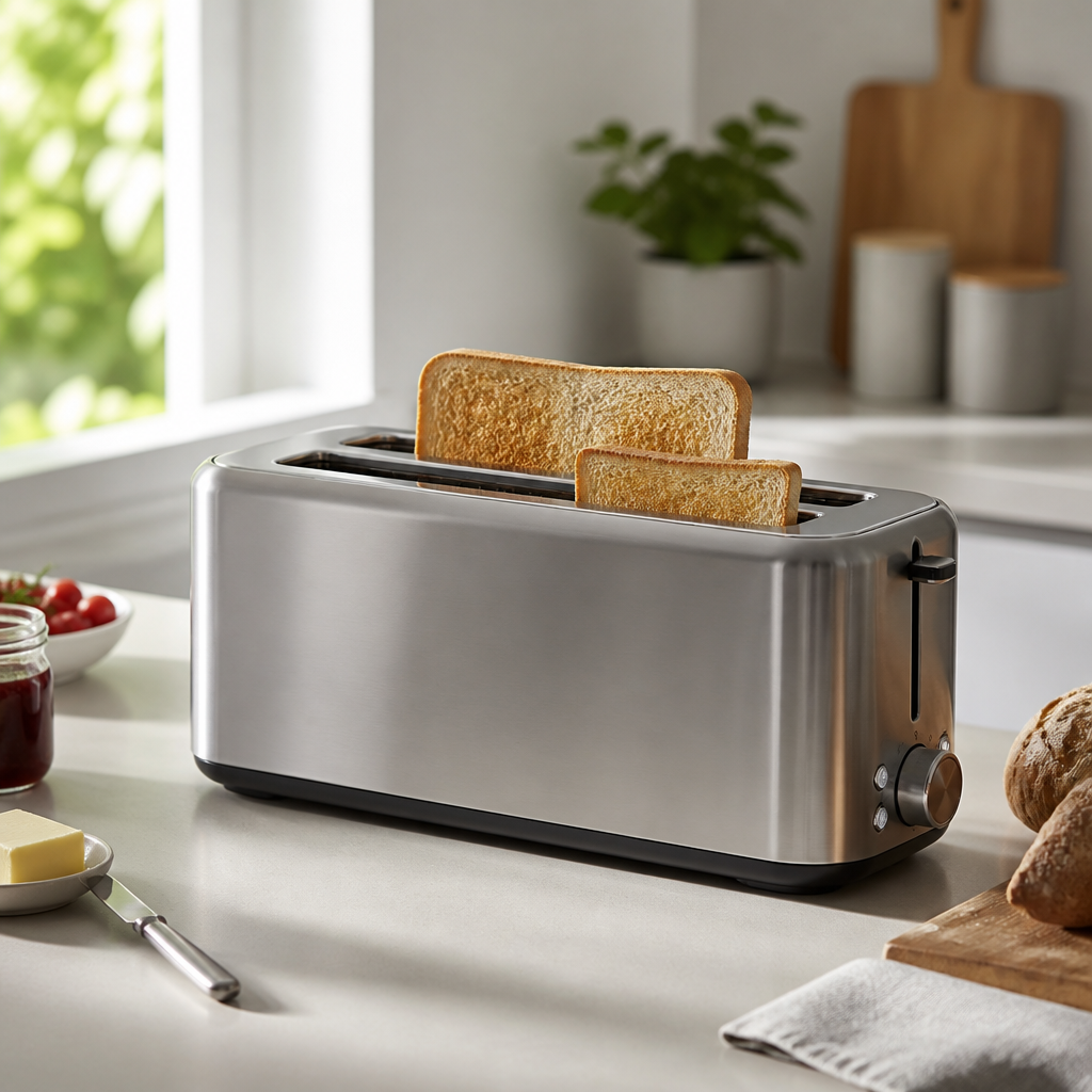 Moderner Langschlitztoaster mit langen Öffnungen und gerösteten Brotscheiben auf einer Küchenarbeitsplatte.