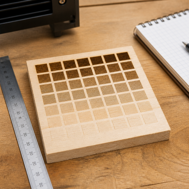 Testgitter mit abgestuften Gravureinstellungen auf einem Holzreststu00fcck