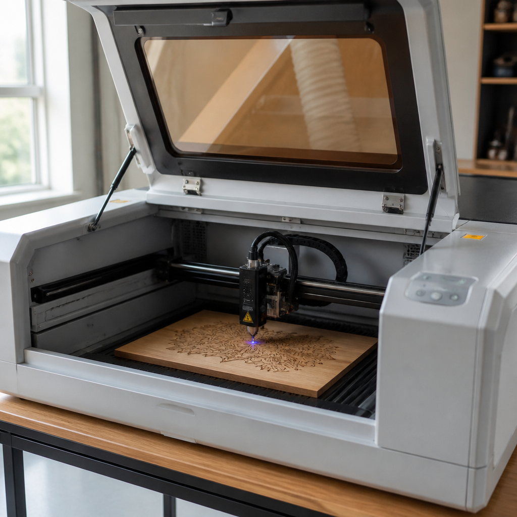 Laser-Graviermaschine mit Laserkopf über einem gravierten Holzstück