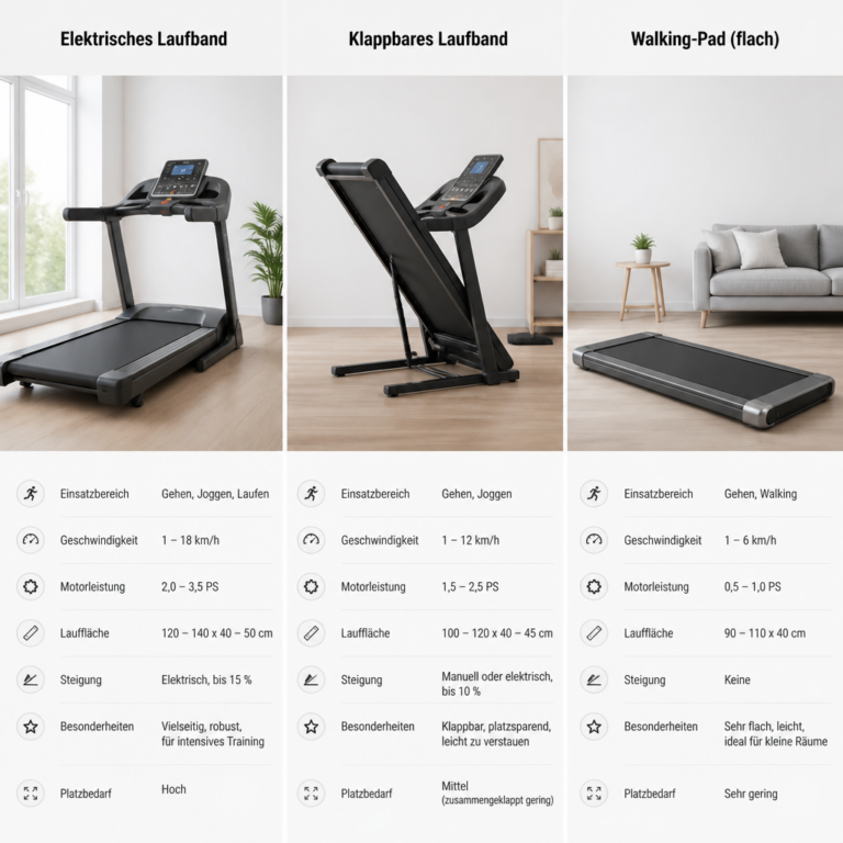 Elektrisches Laufband, klappbares Laufband und flaches Walking-Pad im Vergleich