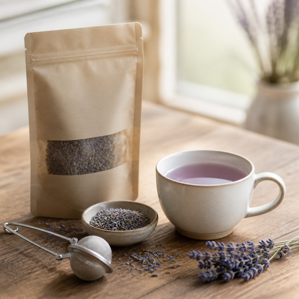 Tasse mit Lavendeltee, getrockneten Lavendelblüten und Teesieb