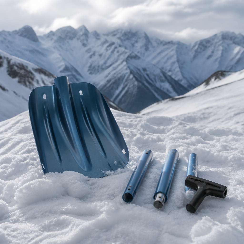 Lawinenschaufel mit zerlegtem Stiel auf einer verschneiten Bergtour
