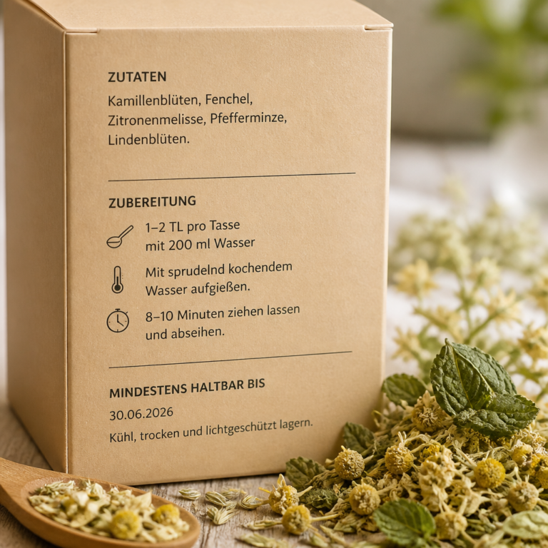Transparente Produktangaben auf einer Kru00e4utertee-Verpackung