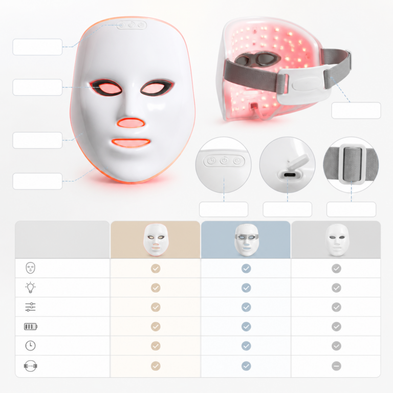 Technische Bereiche einer LED-Gesichtsmaske mit Timer und Augenabdeckung