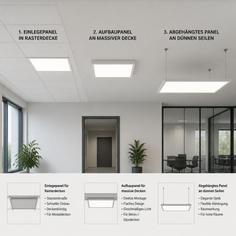 Vergleich von Einlegepanel, Aufbaupanel und abgehu00e4ngtem LED-Panel