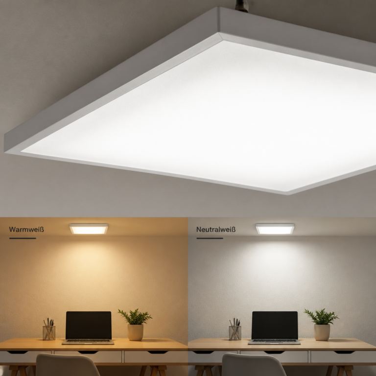 Gleichmu00e4u00dfig leuchtender Diffusor eines LED-Panels u00fcber einem Schreibtisch