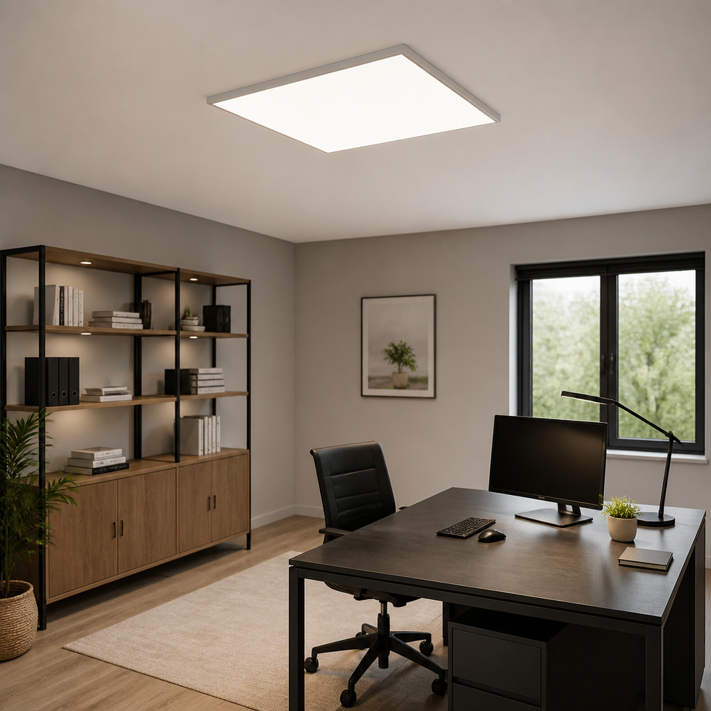 Flaches LED-Panel an der Decke eines hell beleuchteten Arbeitszimmers