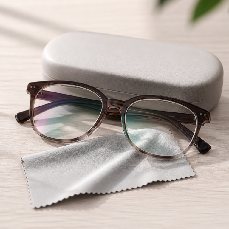 Lesebrille mit Mikrofasertuch und Etui zur Darstellung von Glasbeschaffenheit und Pflege