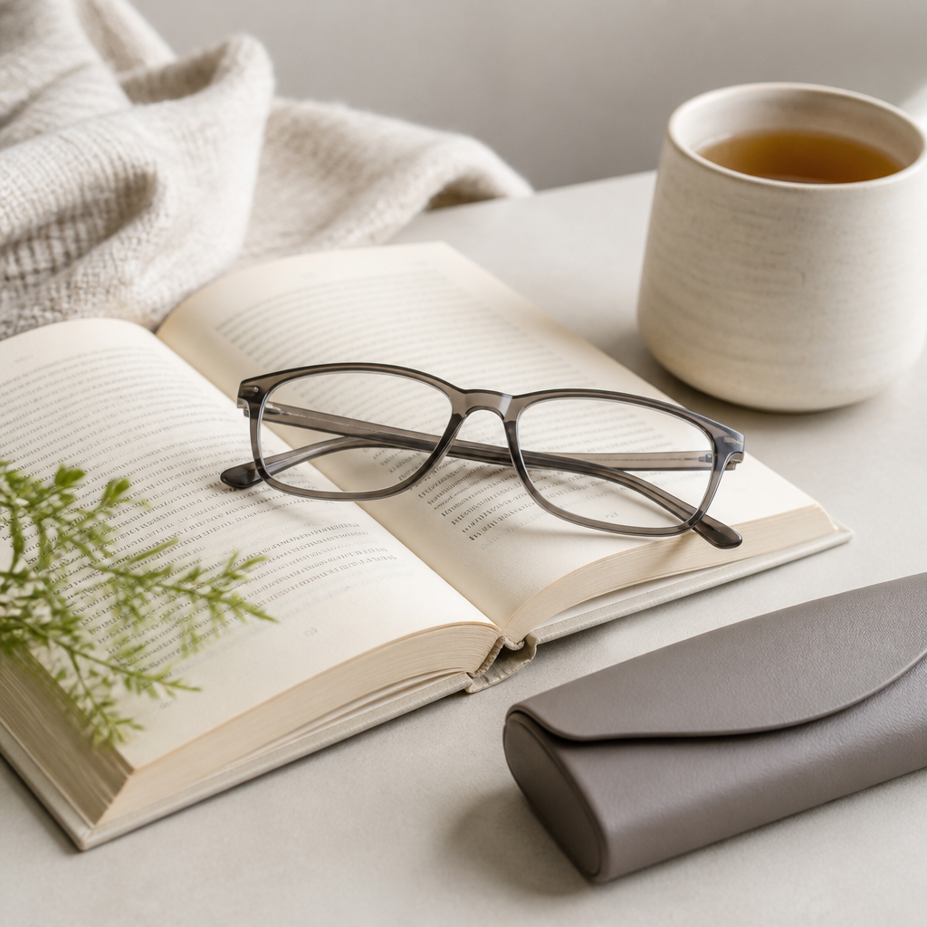 Lesebrille auf einem aufgeschlagenen Buch mit Brillenetui