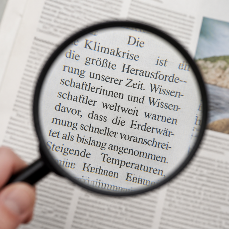 Leselupe mit grou00dfer Linse u00fcber einem gedruckten Text