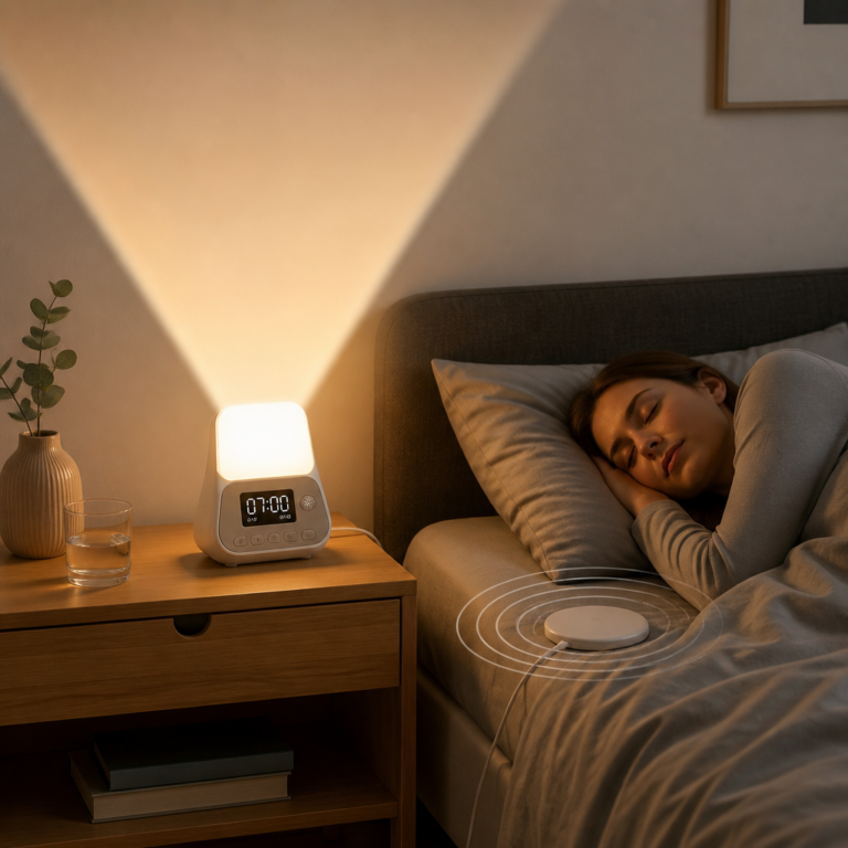 Lichtwecker mit Vibrationskissen am Bett in einem abgedunkelten Schlafzimmer