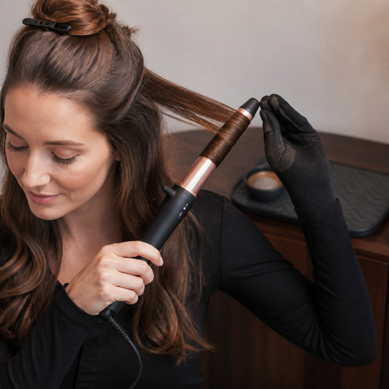 Abgeteilte Haarstru00e4hne wird mit Hitzeschutzhandschuh um einen Lockenstab gewickelt