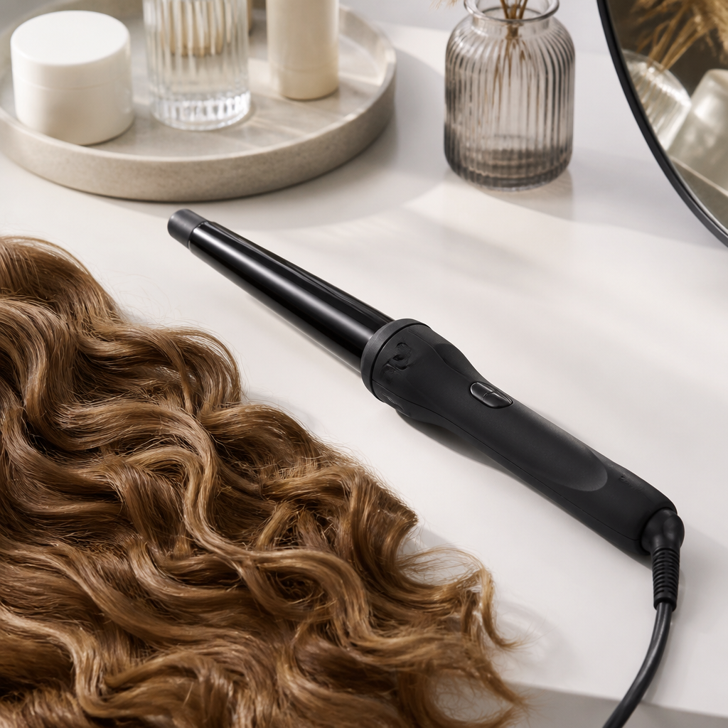 Moderner Lockenstab neben locker gewellten Haarsträhnen auf einem Frisiertisch
