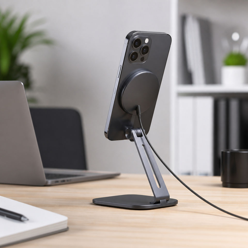 Smartphone mit magnetischem Ladegerät und kompatibler Halterung auf einem Schreibtisch