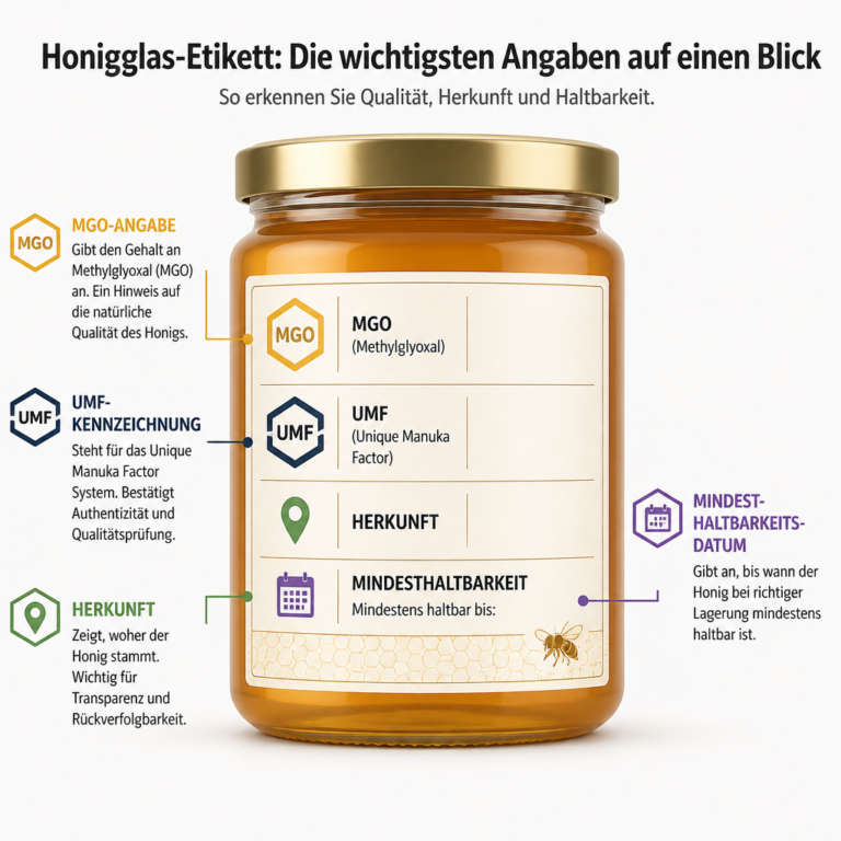 Beispielhafte Bestandteile eines transparenten Honigetiketts mit Herkunft und Kennzeichnung