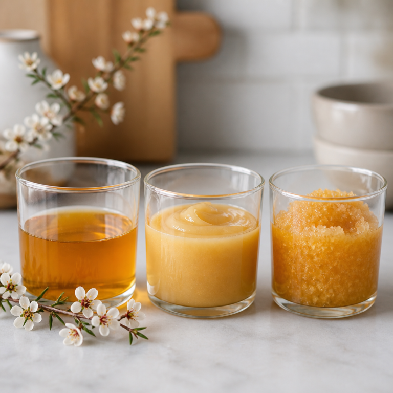 Drei unterschiedliche Konsistenzen von Manuka-Honig im Vergleich