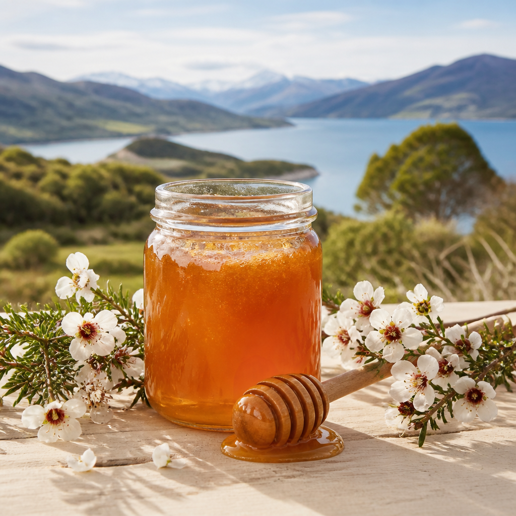 Geöffnetes Glas Manuka-Honig mit Honiglöffel und Manuka-Blüten