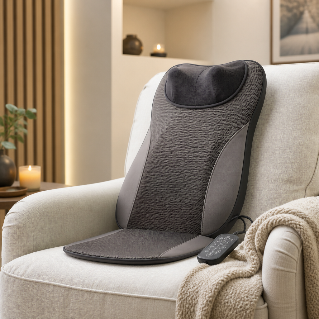 Massagekissen mit Nackenauflage auf einem hellen Sessel
