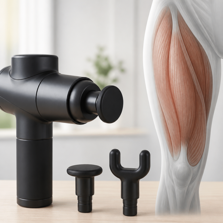 Massagepistole mit verschiedenen Aufsu00e4tzen fu00fcr unterschiedliche Muskelbereiche