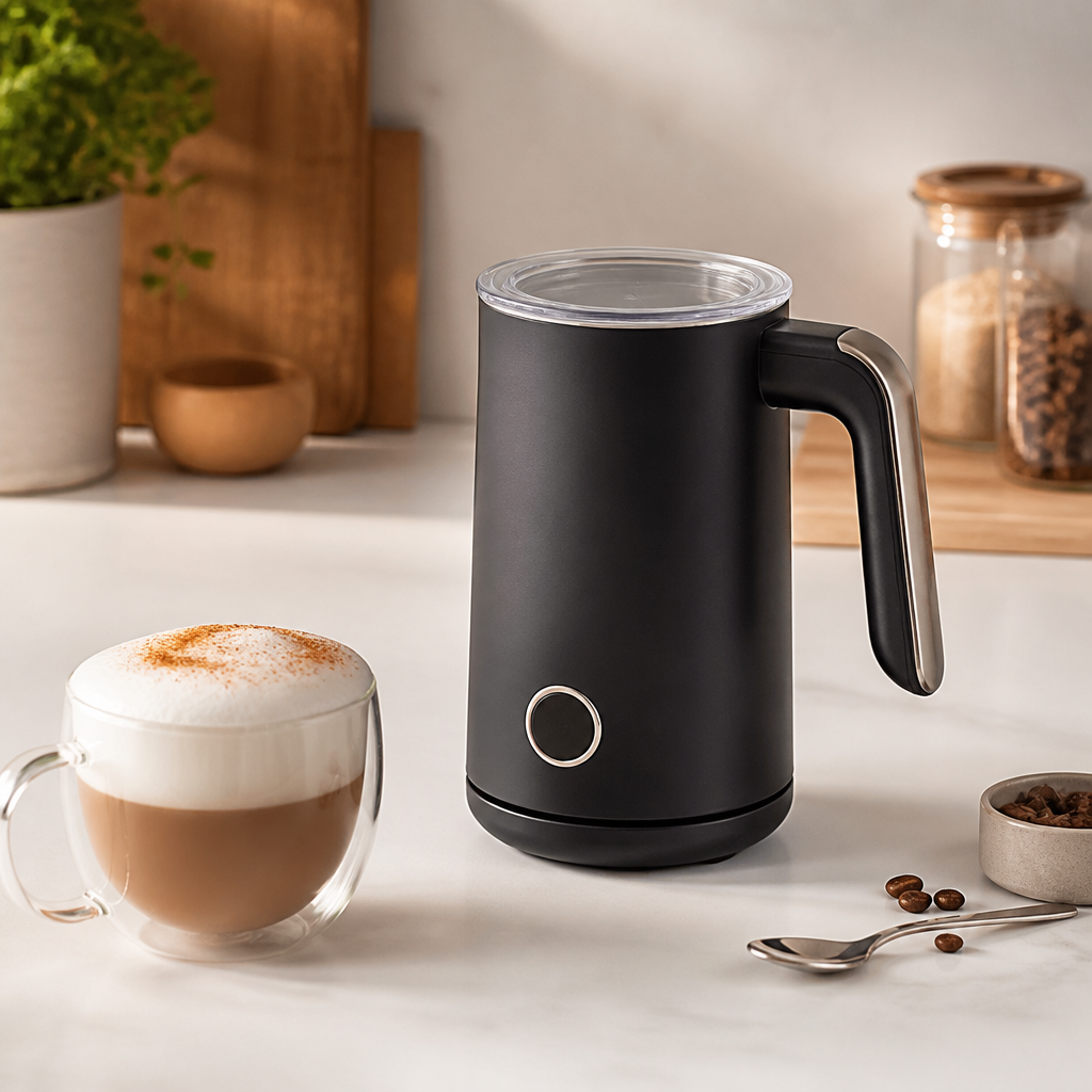 Milchaufschäumer neben einer Tasse Cappuccino mit cremigem Milchschaum