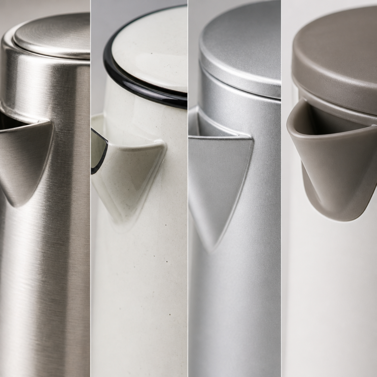Materialoberflu00e4chen von Edelstahl, Emaille, Aluminium und Kunststoff an Milchkannen