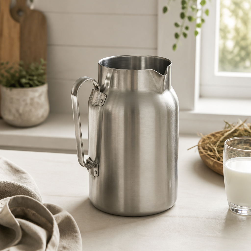 Klassische Milchkanne aus Edelstahl mit Griff und Ausgießer auf einer Küchenarbeitsfläche