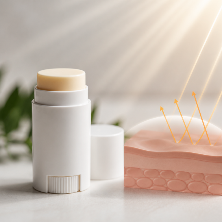 Geu00f6ffneter mineralischer Sonnenschutzstick als kompakte UV-Schutzpflege