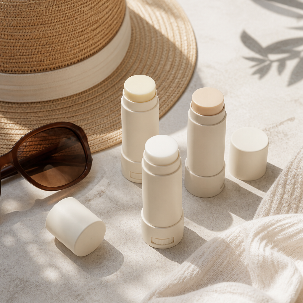 Mineralische Sonnenschutzsticks neben Sonnenhut und Sonnenbrille auf heller Oberfläche