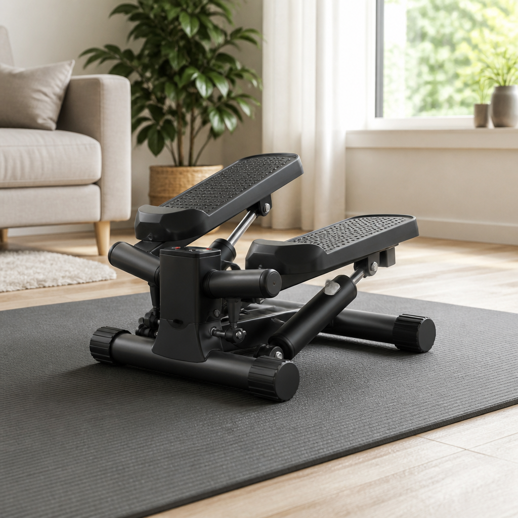 Kompakter Mini-Stepper mit zwei griffigen Pedalen auf einer Trainingsmatte