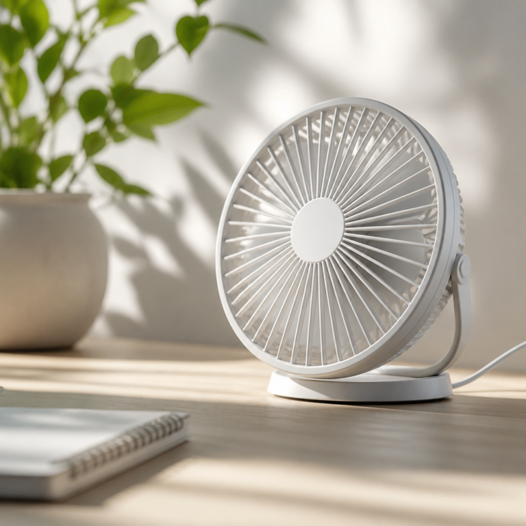 Kompakter Mini-Ventilator auf einem Schreibtisch mit sicherem Schutzgitter 2