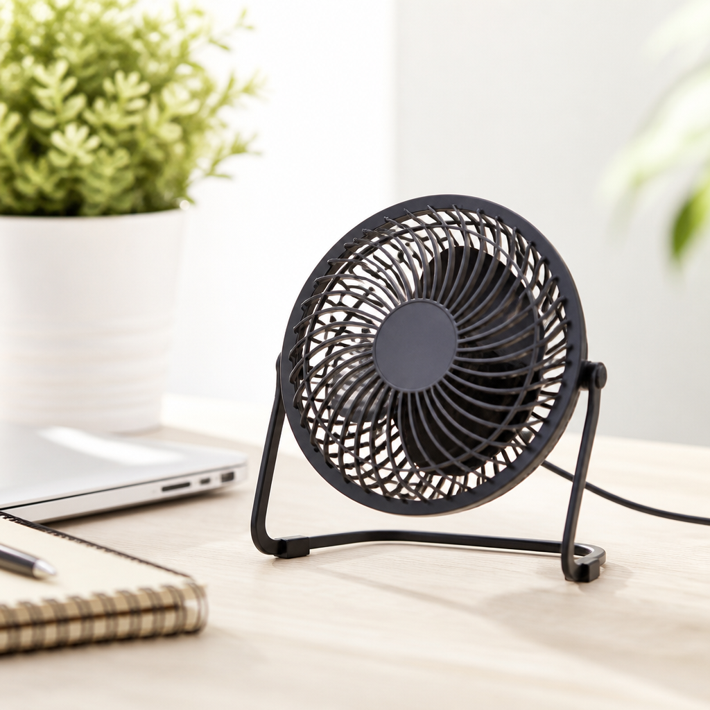 Kompakter Mini-Ventilator auf einem Schreibtisch mit sicherem Schutzgitter