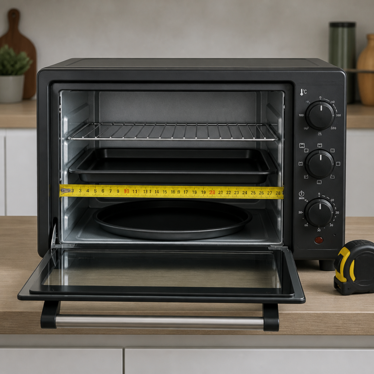 Innenraum eines Minibackofens mit Backblech, Rost und passender Pizzaform