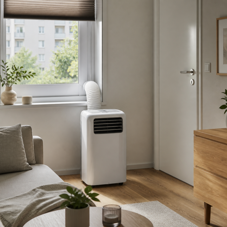 Richtig aufgestellte mobile Klimaanlage mit kurzem Abluftschlauch und Fensterabdichtung