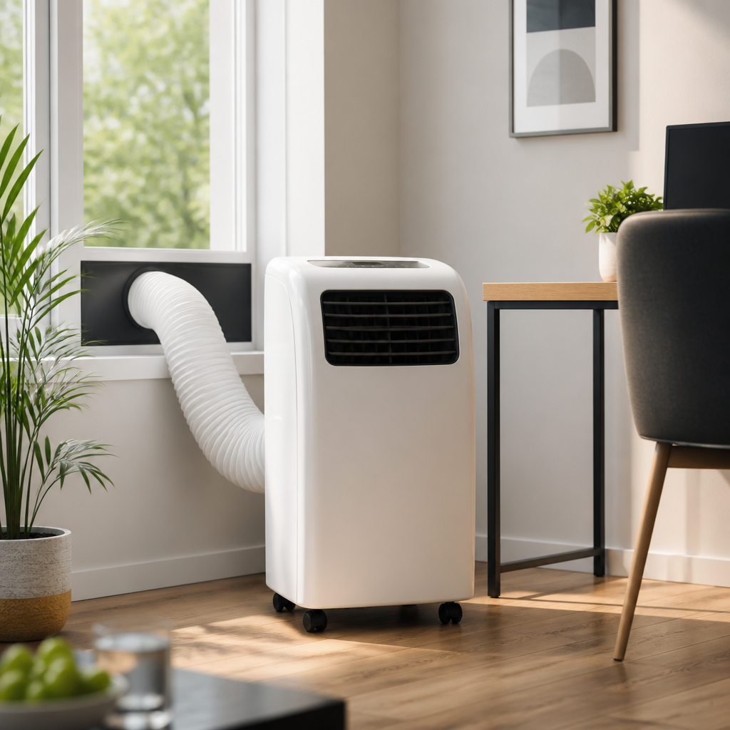 Mobile Klimaanlage auf Rollen mit Abluftschlauch an einem abgedichteten Fenster
