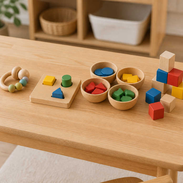 u00dcbersicht verschiedener Montessori-Materialien fu00fcr Motorik, Sortieren und Konstruieren